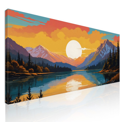 Quadro Boho Chic Illustrazione Paesaggio Montagna Innevata Al Tramonto Riflessa Nel Lago Con Alberi quadro stampato su tela