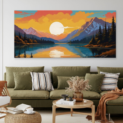Ilustración De Paisaje De Pintura Boho Chic Montaña Cubierta De Nieve Al Atardecer Reflejada En El Lago Con Árboles cuadro en l