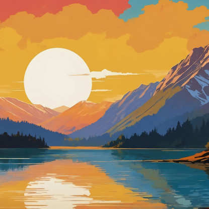 Ilustración De Paisaje De Pintura Boho Chic Montaña Cubierta De Nieve Al Atardecer Reflejada En El Lago Con Árboles cuadro en l