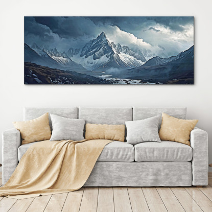 Canvas Print Mountains Snow-Capped Mountains Piercing The Mists With Jagged Peaks And Rocky Structures Under An Overcast Gray Sk