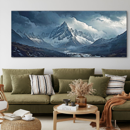 Canvas Print Mountains Snow-Capped Mountains Piercing The Mists With Jagged Peaks And Rocky Structures Under An Overcast Gray Sk