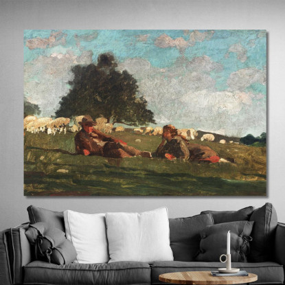 Junge Und Mädchen Auf Einem Feld Mit Schafen Winslow Homer drucken auf leinwand