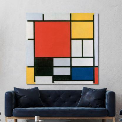 Composizione Con Grande Piano Rosso Giallo Nero Grigio E Blu Piet Mondrian pmn9 quadro stampato su tela