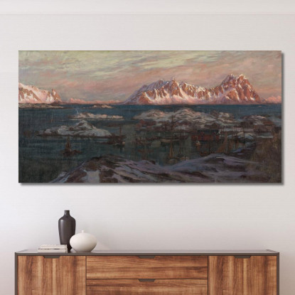 Porto Di Pescatori Con Montagne Illuminate Dal Sole. Studio Della Norvegia Settentrionale Anna Boberg abb16 quadro stampato su