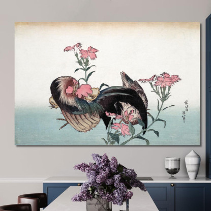 Gallo E Fiore katsushika hokusai khk11 quadro stampato su tela