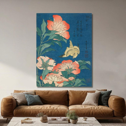 Peonie E Canarino katsushika hokusai khk46 quadro stampato su tela