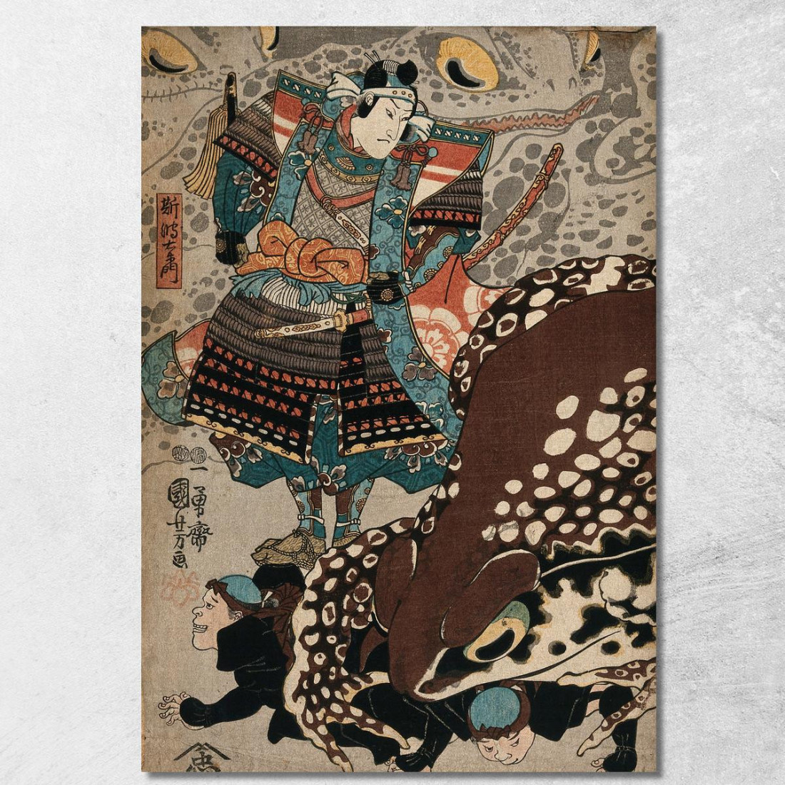 Un Samurai Osserva Mentre Una Rana Gigante Corre Sopra I Servi Utagawa Kuniyoshi ukn1 quadro stampato su tela