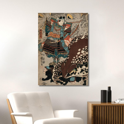 Un Samurai Osserva Mentre Una Rana Gigante Corre Sopra I Servi Utagawa Kuniyoshi ukn1 quadro stampato su tela