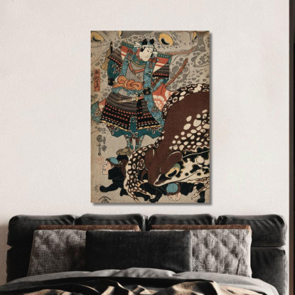 Un Samurai Osserva Mentre Una Rana Gigante Corre Sopra I Servi Utagawa Kuniyoshi ukn1 quadro stampato su tela