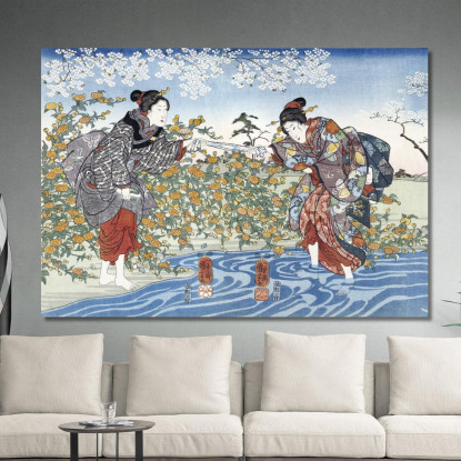Ragazze Giapponesi Di Ide Tama River Utagawa Kuniyoshi ukn15 quadro stampato su tela