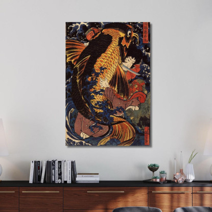 Saito Oniwakamaru Il Giovane Benkei Combatte La Carpa Gigante Alla Cascata Di Bishimon Utagawa Kuniyoshi ukn36 quadro stampato