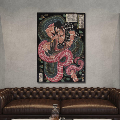 Stampa Xilografica Oban Tate-E. Saginoike Heikuro Combatte Il Serpente Gigante Al Lago Di Sayama Utagawa Kuniyoshi ukn44 quadro