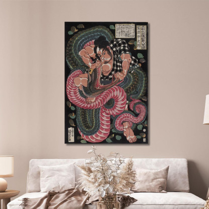 Stampa Xilografica Oban Tate-E. Saginoike Heikuro Combatte Il Serpente Gigante Al Lago Di Sayama Utagawa Kuniyoshi ukn44 quadro