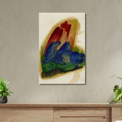 Due Cavalli Blu Davanti Ad Una Roccia Rossa Franz Marc fmr59 quadro stampato su tela