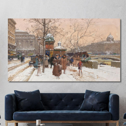 Quai De La Mégisserie Sotto La Neve Eugène Galien-Laloue egl63 quadro stampato su tela