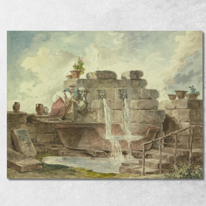 Una Fontana Romana Con Una Donna Che Raccoglie L'Acqua Hubert Robert hrb14 quadro stampato su tela