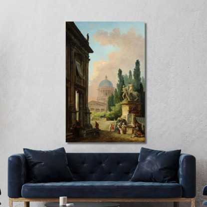 Veduta Immaginaria Di Roma Con Il Domatore Di Cavalli Del Monte Cavallo E Una Chiesa Hubert Robert hrb44 quadro stampato su tel