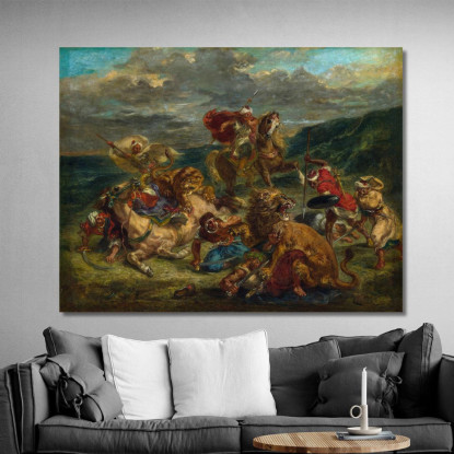 Caccia Al Leone Eugène Delacroix edx72 quadro stampato su tela