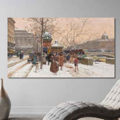 Quai De La Mégisserie Sotto La Neve Eugène Galien-Laloue egl63 quadro stampato su tela