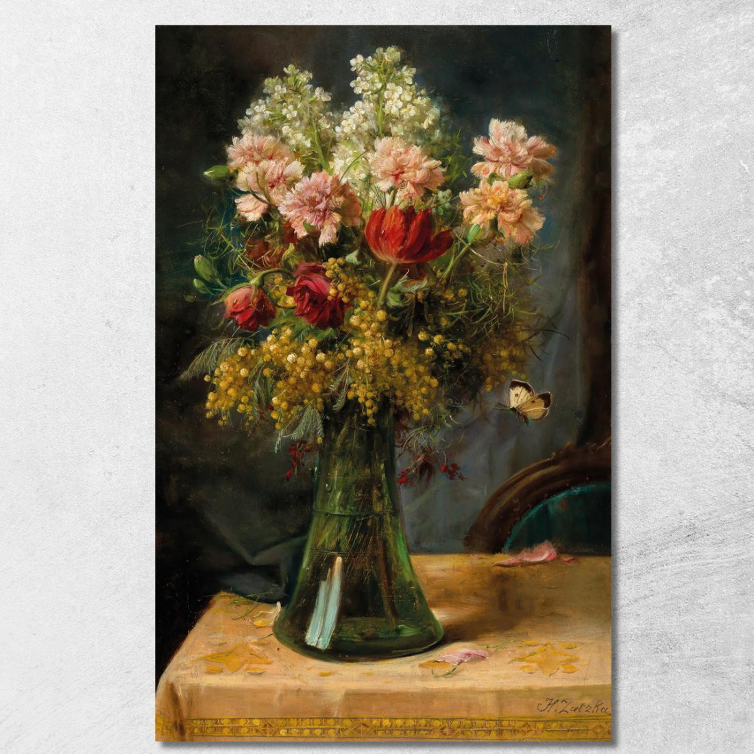Un Mazzo Di Fiori Con Tulipani E Garofani In Un Vaso Di Vetro Con Farfalla Hans Zatzka hzt3 quadro stampato su tela Un Mazzo Di Fiori Con Tulipani E Garofani In Un Vaso Di Vetro Con Farfalla Hans Zatzka hzt3 quadro stampato su tela