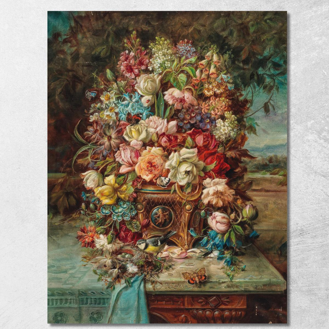 Ricca Natura Morta Floreale Con Cinciarella Di Fronte A Un Ampio Paesaggio Hans Zatzka hzt41 quadro stampato su tela Ricca Natura Morta Floreale Con Cinciarella Di Fronte A Un Ampio Paesaggio Hans Zatzka hzt41 quadro stampato su tela