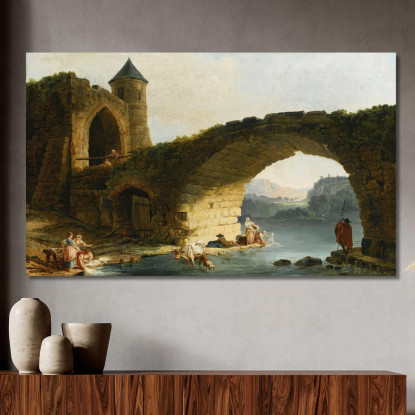 Un Paesaggio Fluviale Di Capriccio Con Lavandaie Vicino A Un Ponte In Rovina Hubert Robert hrb3 quadro stampato su tela